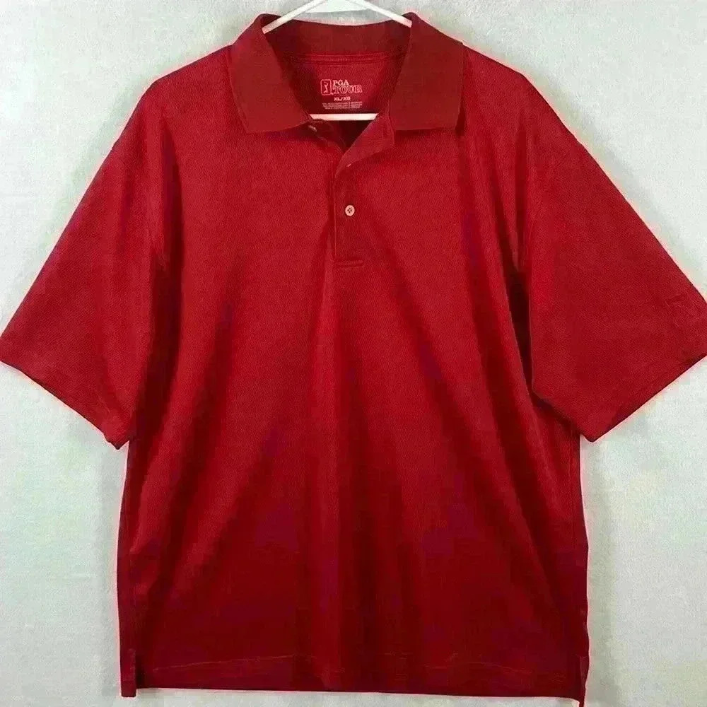 PGA Tour Men’s Polo Size XL Red Polyester Short Sleeves Christmas Golf Casual